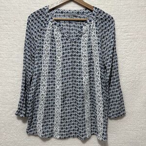 By Design Womens Multicolor Geometric Print Crochet Trim Long Sleeve Blouse Sz M